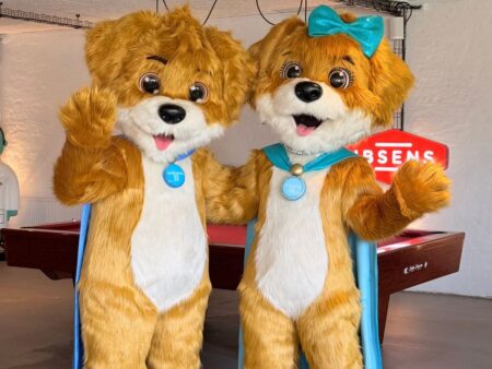 Two puppy mascot costumes for Betri Trygging